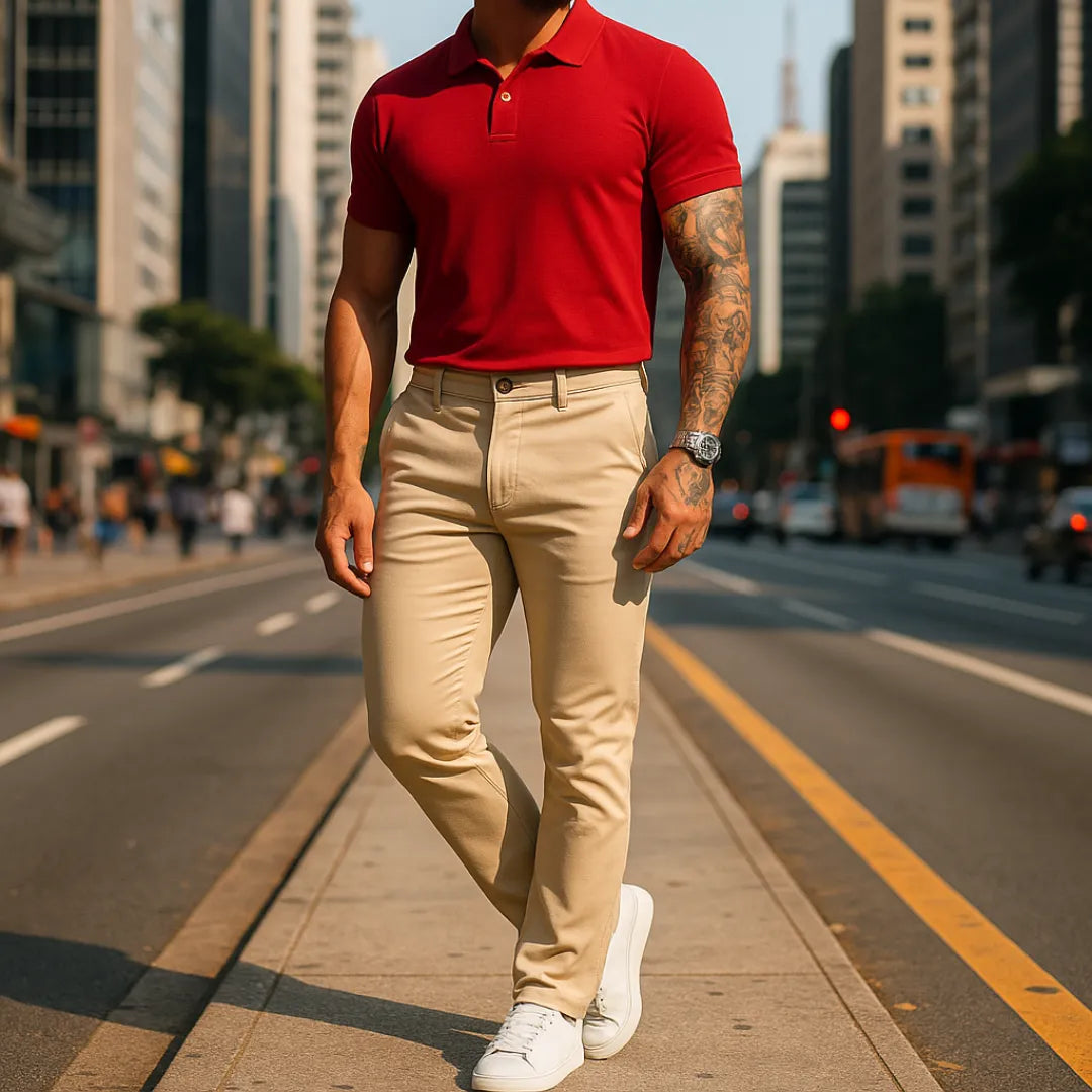 Calça masculina bege clara com caimento ajustado e estilo moderno.