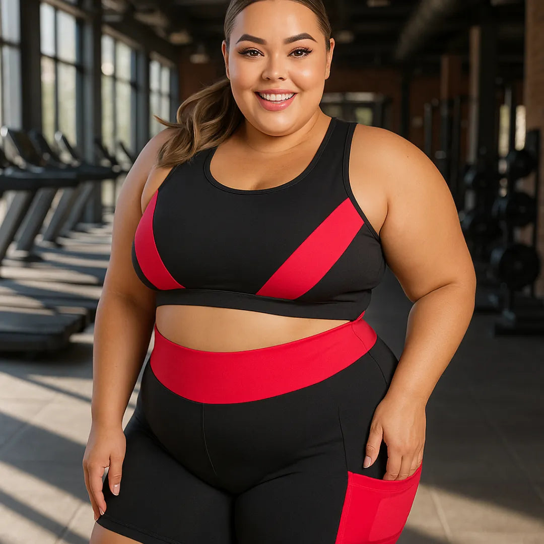 Conjunto fitness plus size feminino com bolso e cintura alta para academia