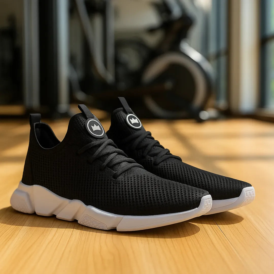 Tênis preto masculino com solado branco, ideal para treinos e uso urbano.