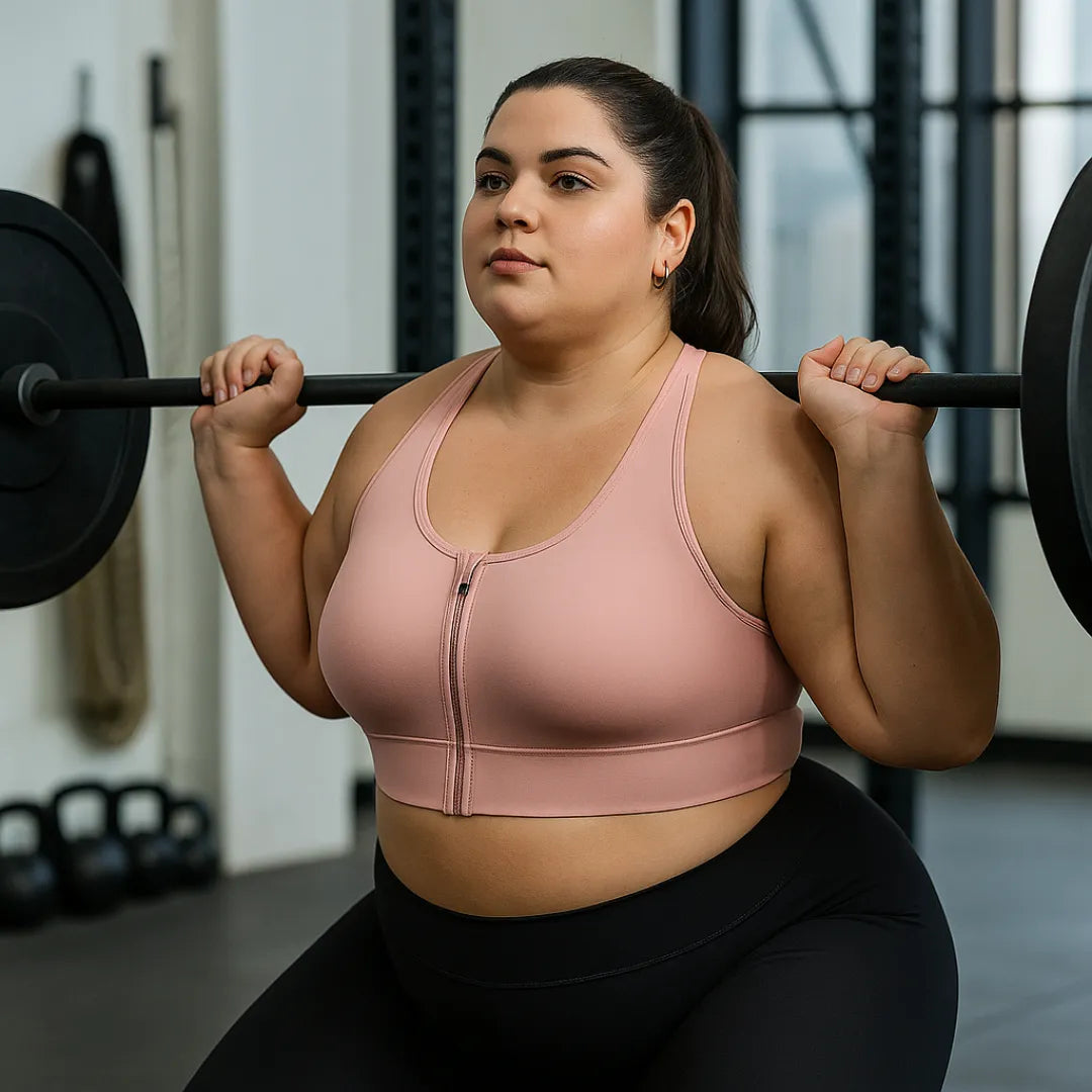 Top fitness rosĂȘ com zĂper frontal e sustentação firme
