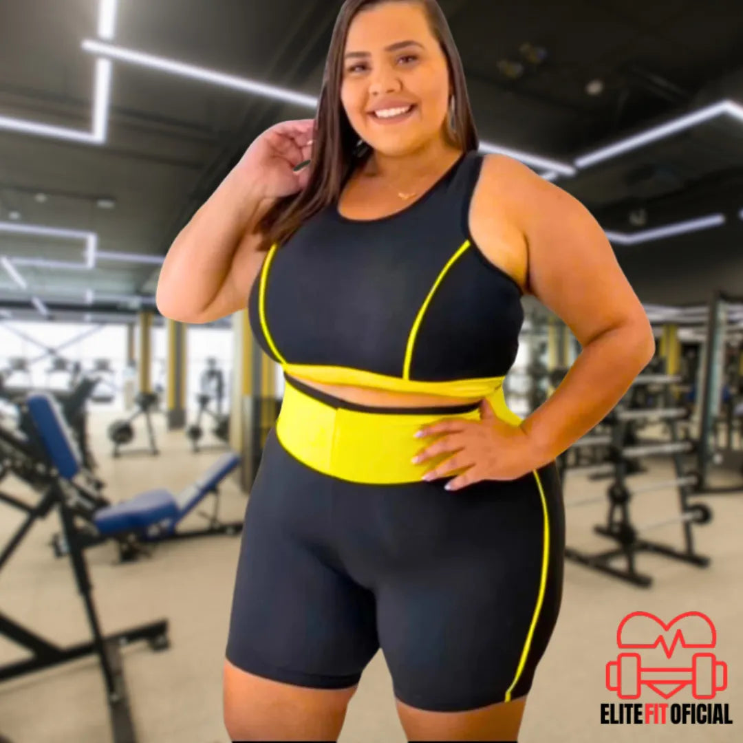 Conjunto feminino plus size confortável com bermuda e top em fundo neutro