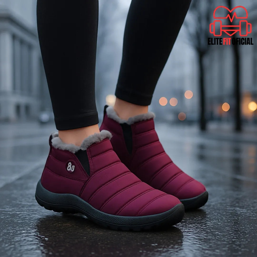 Botas femininas roxo com forro cinza, usadas em dia chuvoso, ideais para inverno urbano.