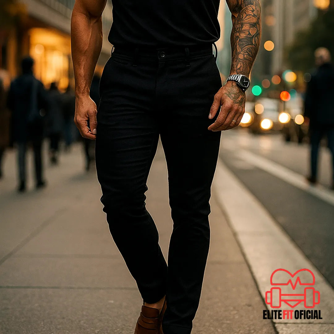 Visual sofisticado com calça masculina clara e tênis branco.