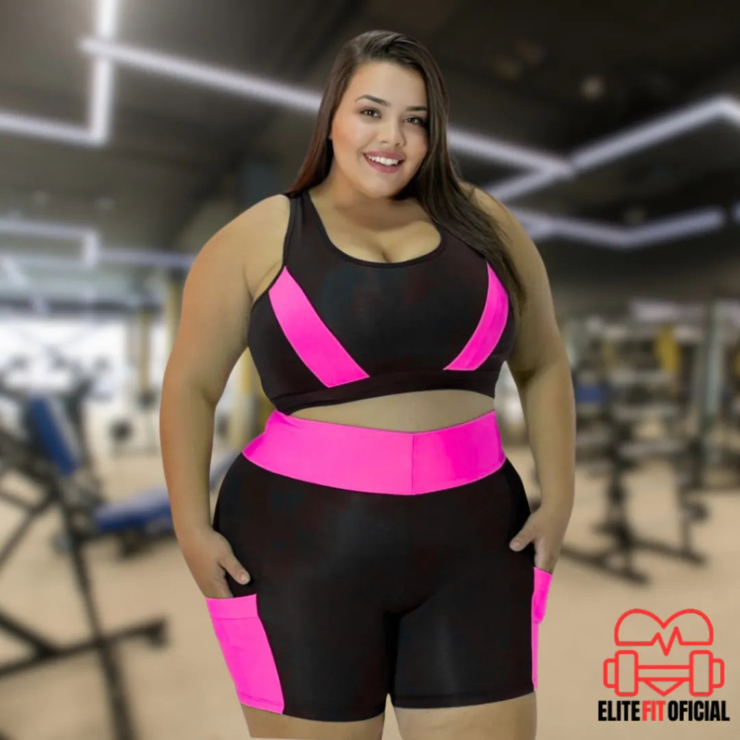 Short compressivo plus size que modela sem marcar e top com suporte reforçado