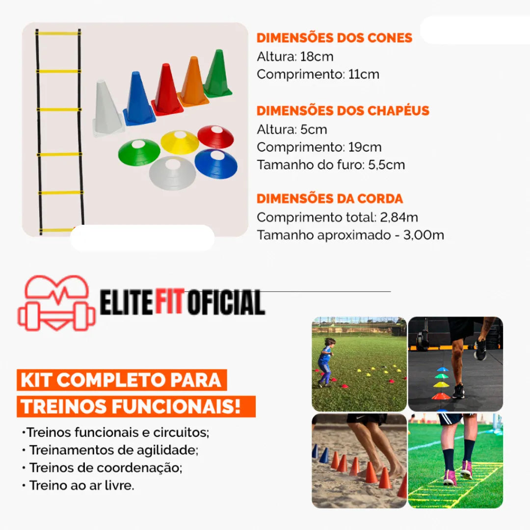 Escada de agilidade com cones coloridos e chapéus para treino funcional