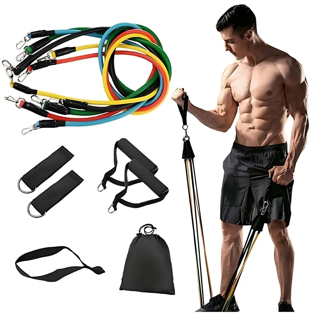 Faixas elásticas com níveis variados de resistência para treino em casa.
