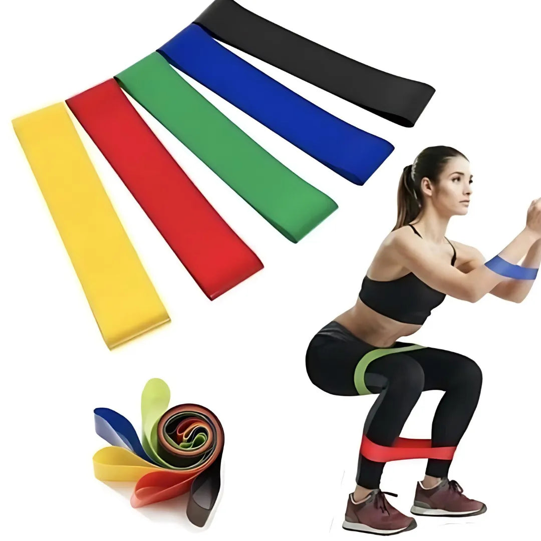 Treino completo em casa com faixas elásticas de resistência.