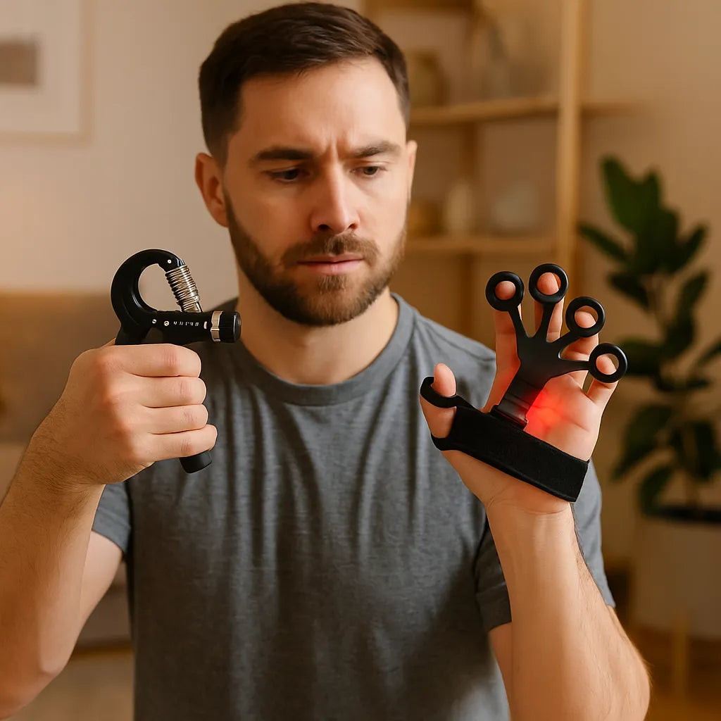 Homem usando kit de fortalecimento para mãos e dedos em casa, com hand grip em uma mão e extensor de dedos na outra