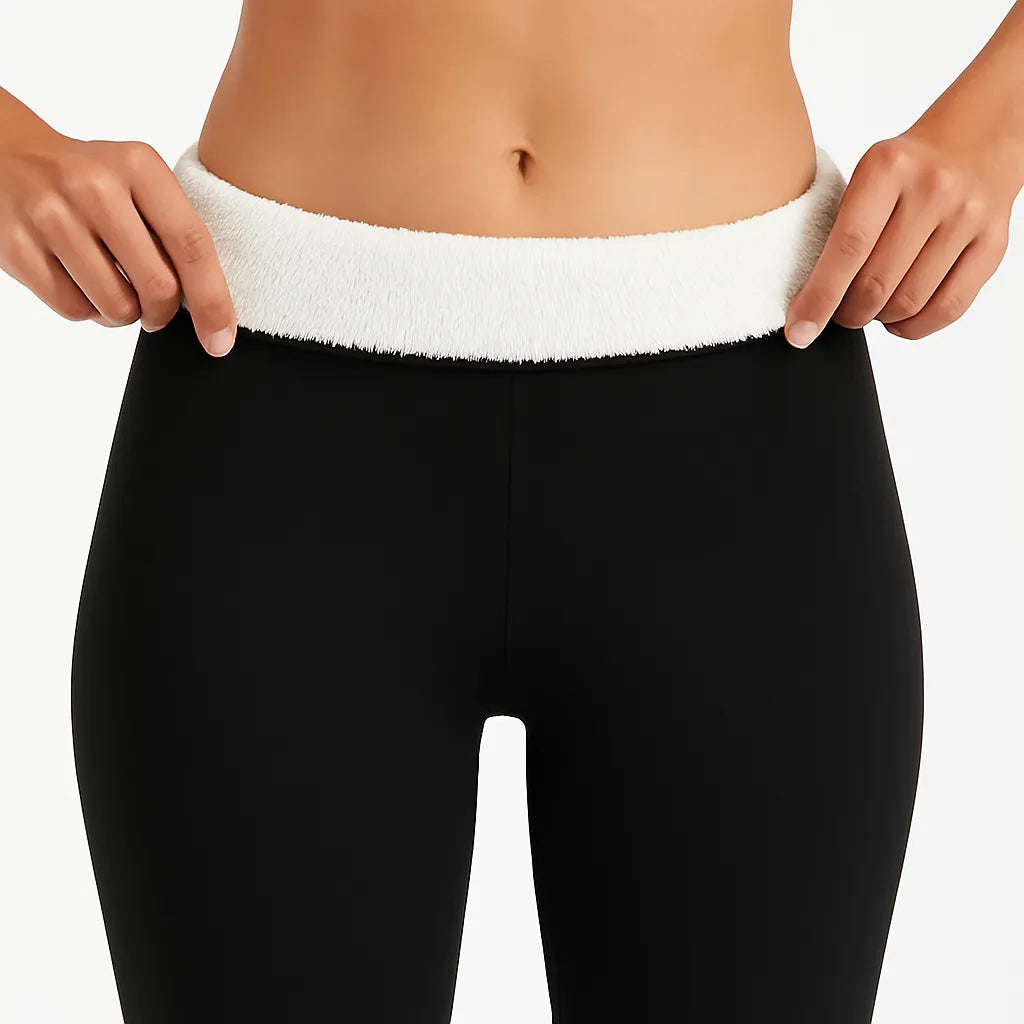 Imagem frontal da legging térmica feminina preta com cintura alta e forro interno visível, fundo branco