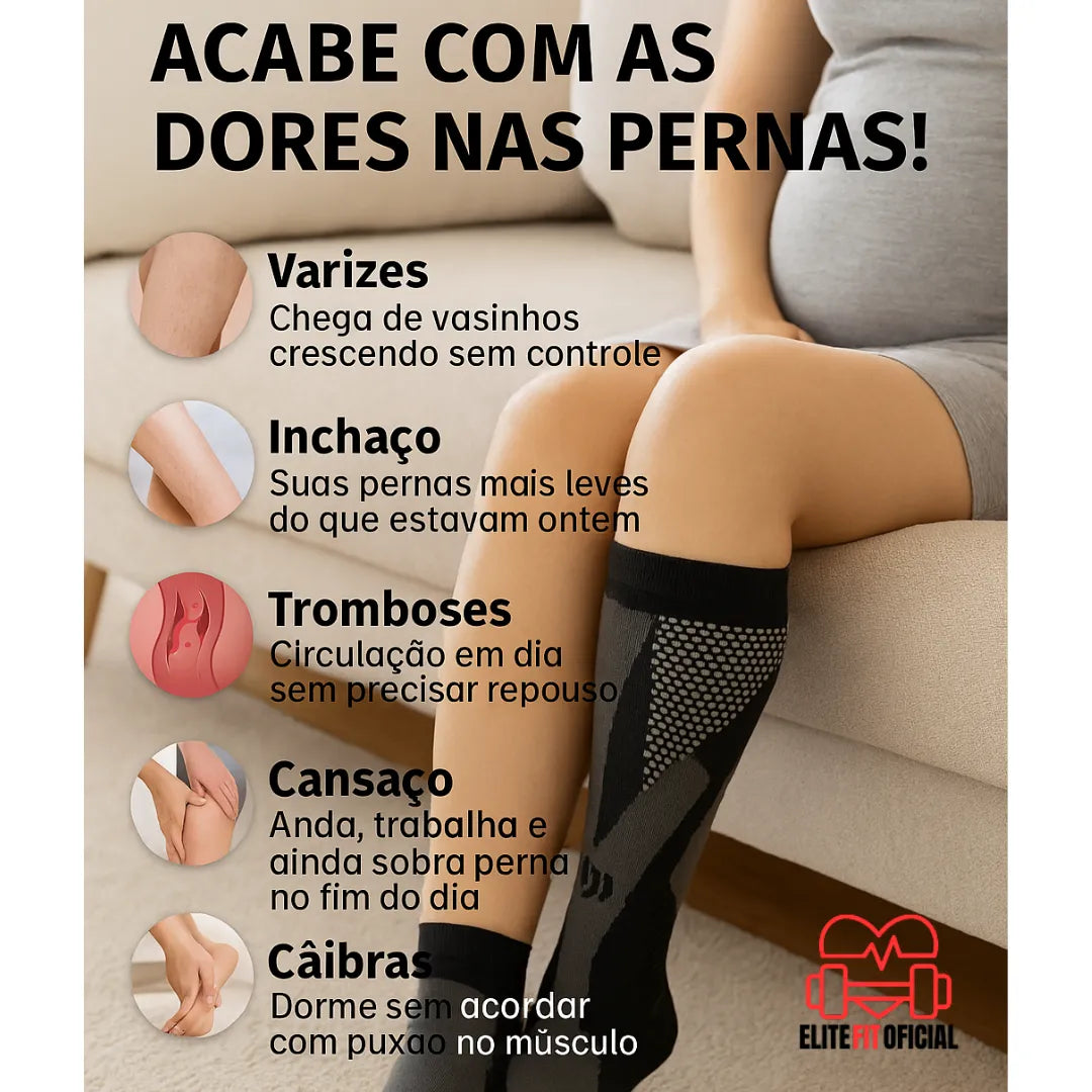 Infográfico com gestante usando meia de compressão, destacando alívio para inchaço, varizes e dores nas pernas.