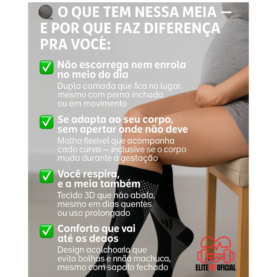 Detalhes da meia de compressão para gestantes com destaque para tecido respirável, malha flexível, dupla camada e design antiderrapante.