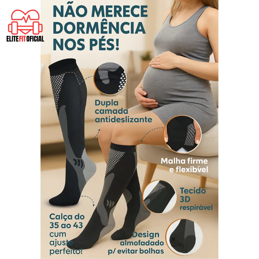 Close no tecido da meia de compressão com tecnologia 3D respirável, malha flexível e acabamento antiderrapante.