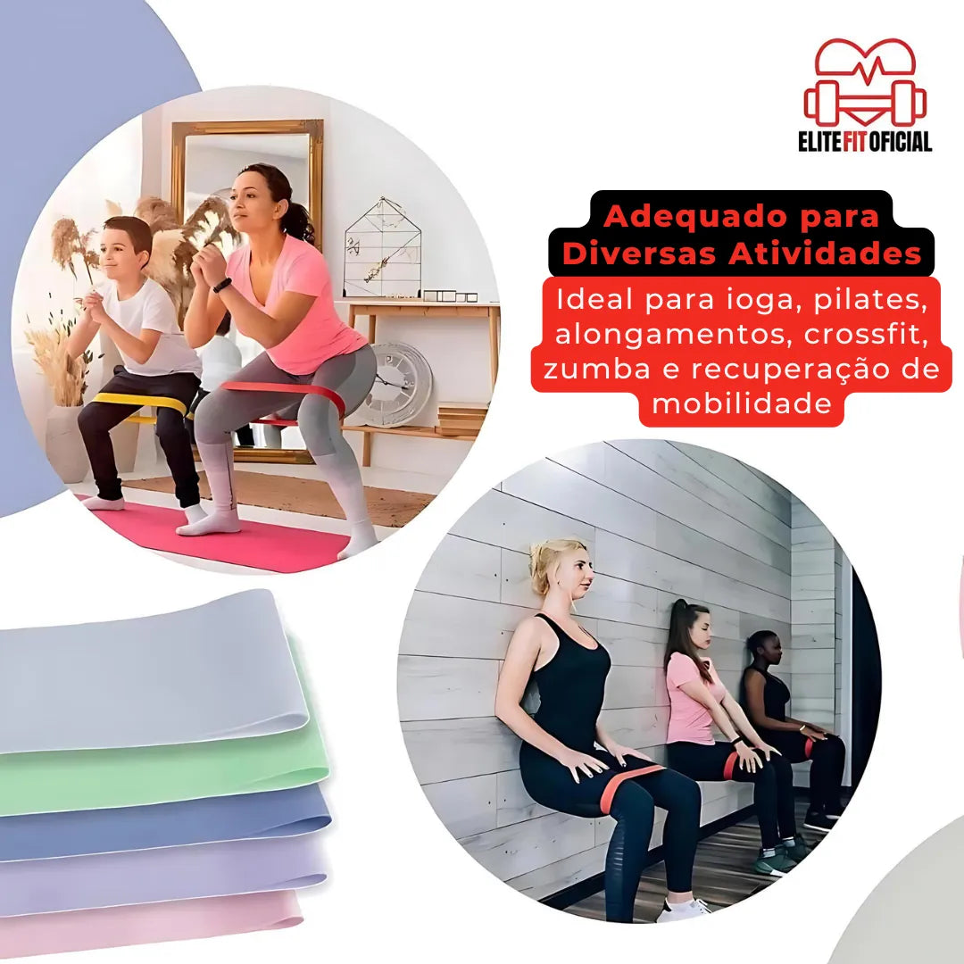 Mini bands com cinco níveis para fortalecer e modelar o corpo.