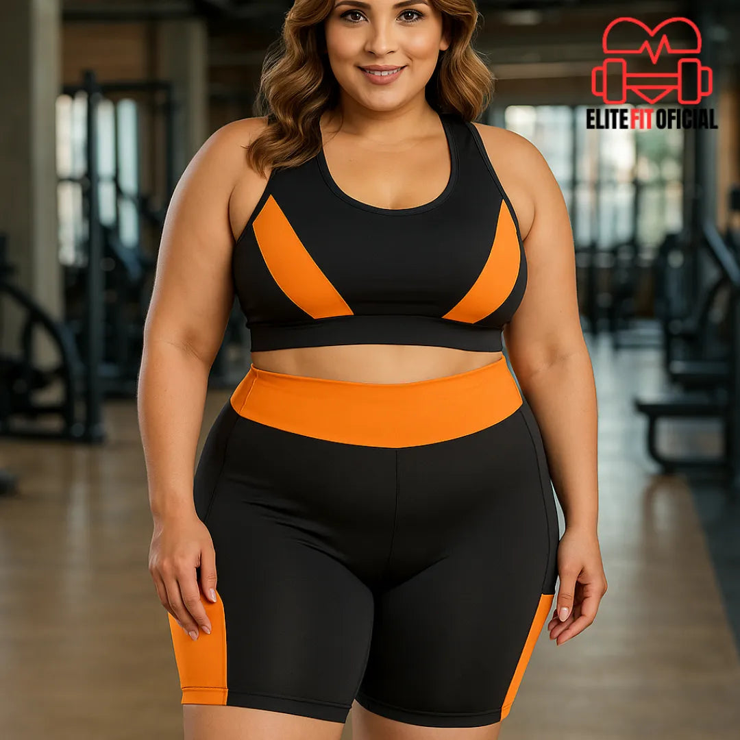 Roupa fitness plus size para treino com top e short preto de modelagem confortável