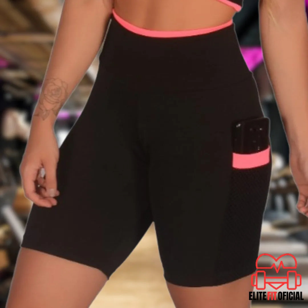 Short feminino com cós médio e bolso lateral – ideal para exercícios físicos