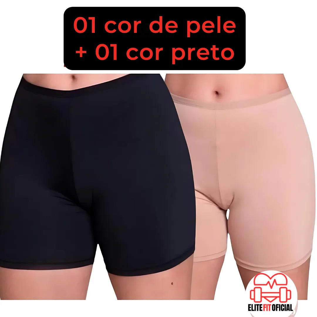 Imagem comparativa: antes e depois de usar o short anágua sob uma saia justa.