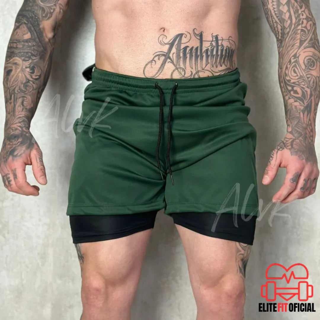 Vista lateral do short masculino 2 em 1 com tecido seco antisuor