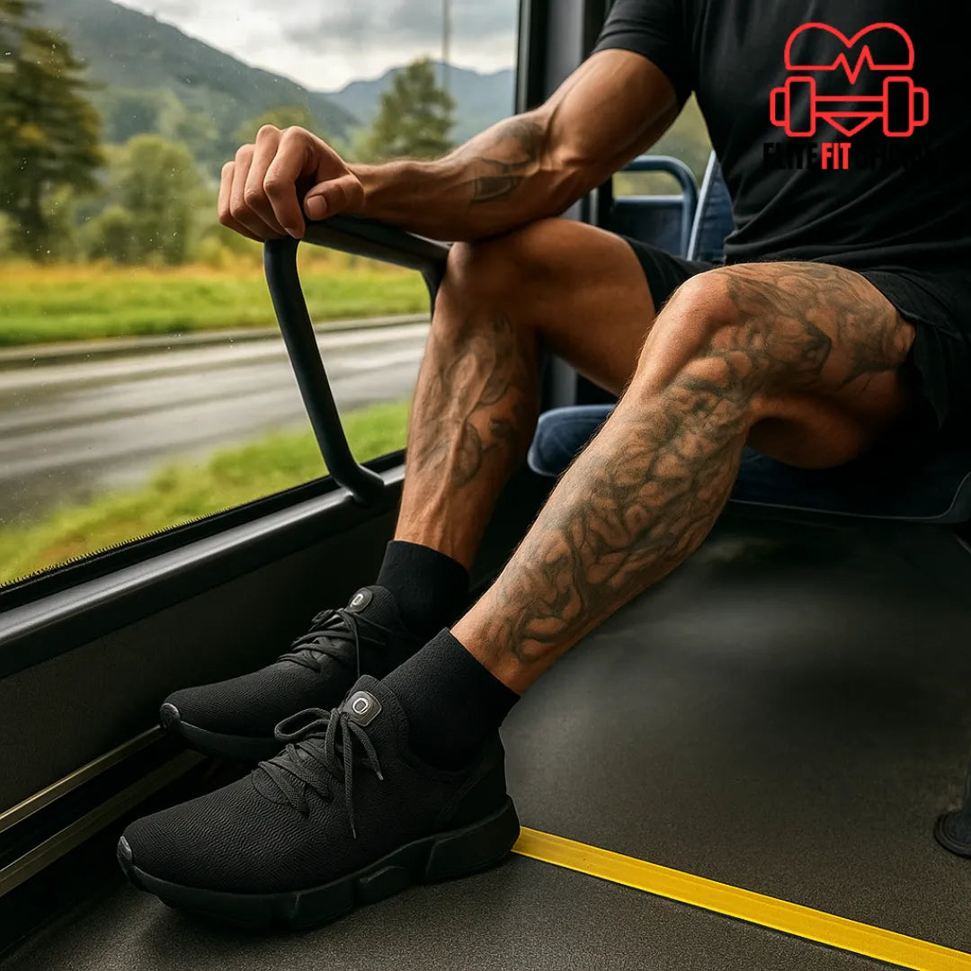 Visual do tênis masculino preto em uso casual, com design limpo e moderno.